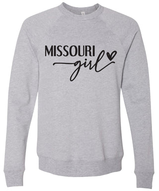 Heather gray sweatshirt with 'Missouri girl' printed in black ink.