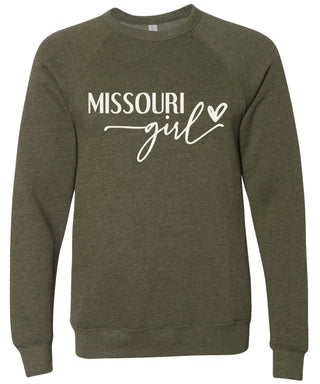 Heather olive sweatshirt with 'Missouri girl' printed in cream ink.
