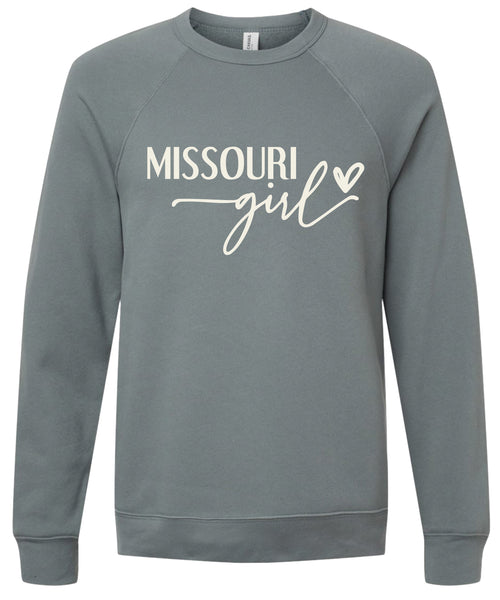 Storm sweatshirt with 'Missouri girl' printed in cream ink.