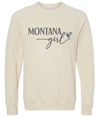 Cream sweatshirt with 'Montana girl' printed in gray ink.