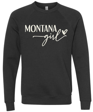 Black sweatshirt with 'Montana girl' printed in cream ink.