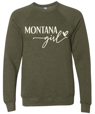 Heather olive sweatshirt with 'Montana girl' printed in cream ink.
