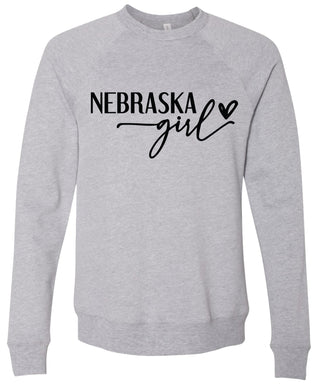 Heather gray sweatshirt with 'Nebraska girl' printed in black ink.