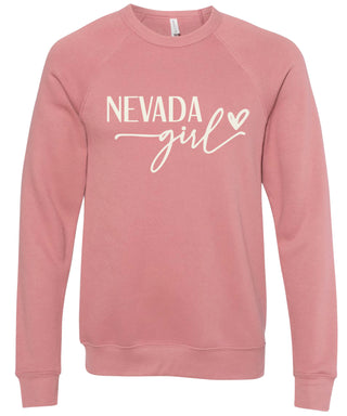 Dusty rose sweatshirt with 'NEVADA girl' printed in cream ink.