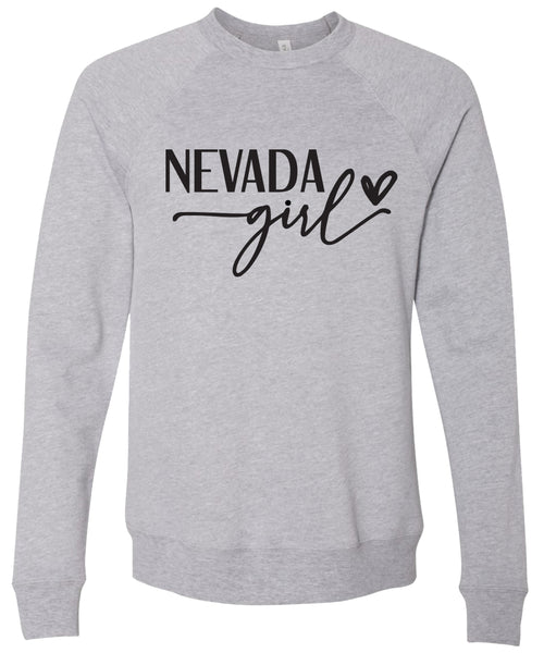 Heather gray sweatshirt with 'NEVADA girl' printed in black ink.