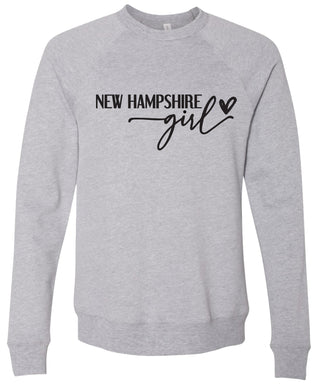 Heather gray sweatshirt with 'New Hampshire girl' printed in black ink.