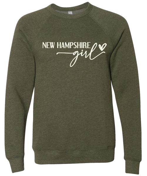 Heather olive sweatshirt with 'New Hampshire girl' printed in cream ink.