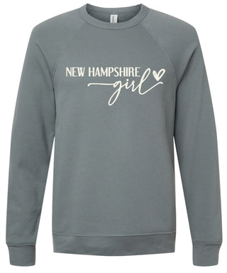 Storm sweatshirt with 'New Hampshire girl' printed in cream ink.
