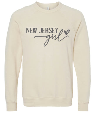 Cream sweatshirt with 'New Jersey girl' printed in gray ink.