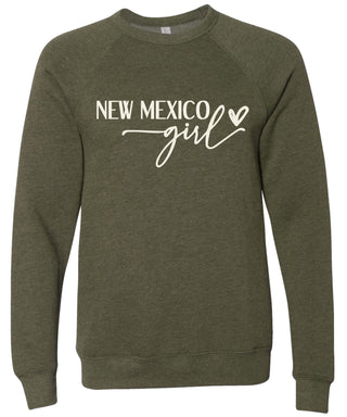 Heather olive sweatshirt with 'New Mexico girl' printed in cream ink.