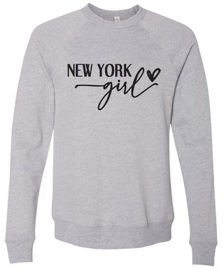 Heather gray sweatshirt with 'New York girl' printed in black ink.