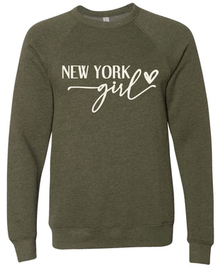 Heather olive sweatshirt with 'New York girl' printed in cream ink.