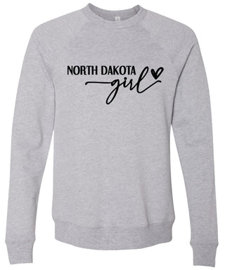 Heather gray sweatshirt with 'North Dakota girl' printed in black ink.