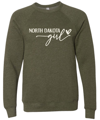 Heather olive sweatshirt with 'North Dakota girl' printed in cream ink.
