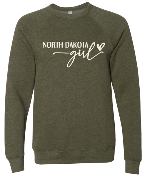 Heather olive sweatshirt with 'North Dakota girl' printed in cream ink.