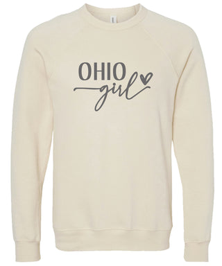 Cream sweatshirt with 'OHIO girl' printed in gray ink.