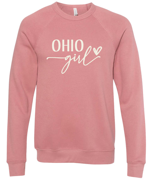 Dusty rose sweatshirt with 'OHIO girl' printed in cream ink.
