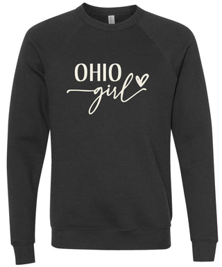Heather black sweatshirt with 'OHIO girl' printed in cream ink.