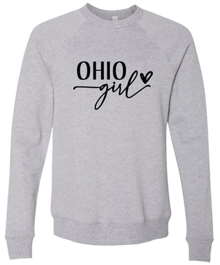 Heather gray sweatshirt with 'OHIO girl' printed in black ink.