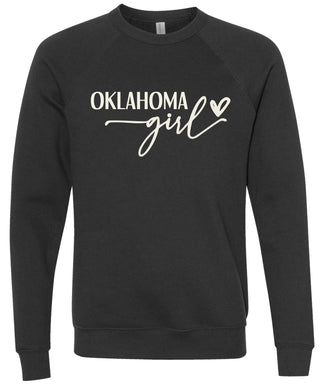 Heather black sweatshirt with 'Oklahoma girl' printed in cream ink.