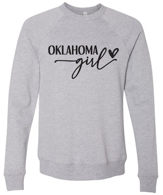 Heather gray sweatshirt with 'Oklahoma girl' printed in black ink.