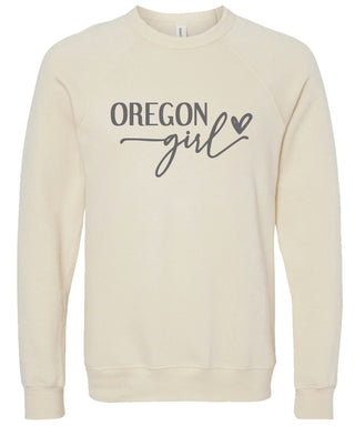 Cream sweatshirt with 'Oregon girl' printed in gray ink.