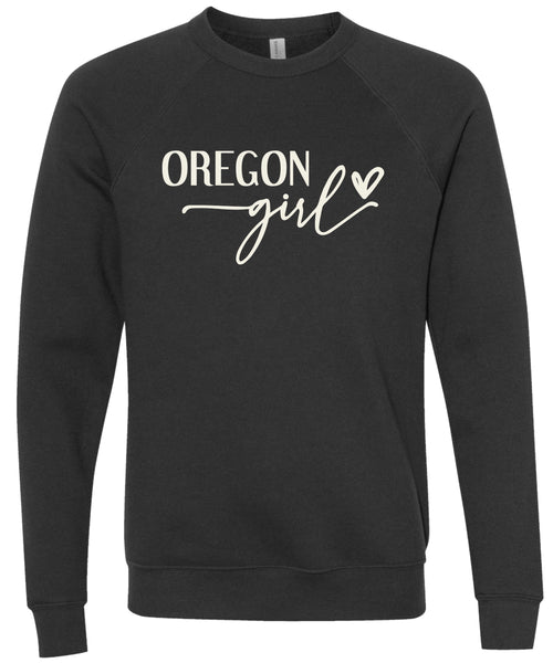 Heather Black sweatshirt with 'Oregon girl' printed in cream ink.