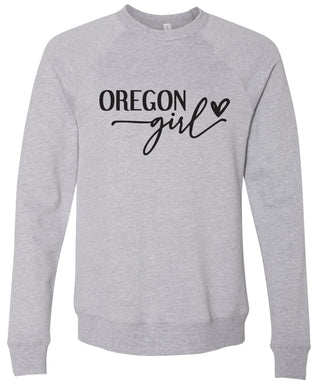 Heather gray sweatshirt with 'Oregon girl' printed in black ink.