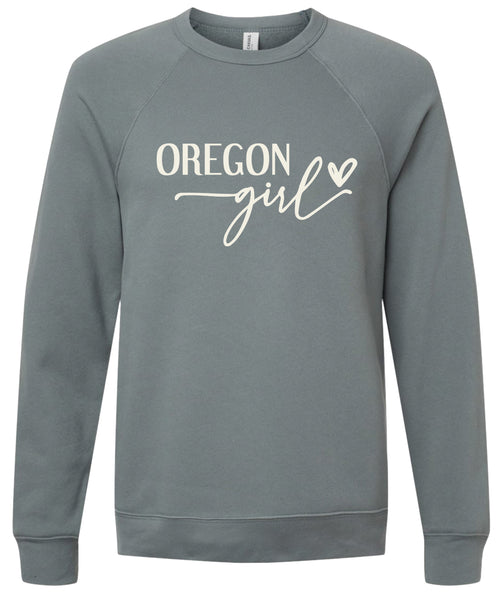 Storm sweatshirt with 'Oregon girl' printed in cream ink.