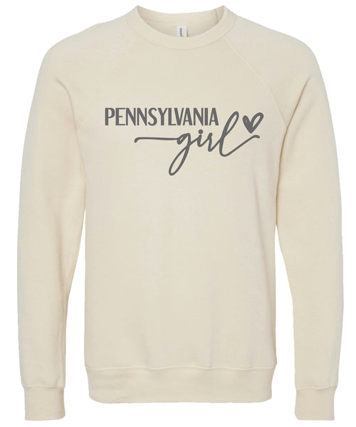 Cream sweatshirt with 'PENNSYLVANIA girl' printed in gray ink.