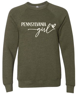 Heather olive sweatshirt with 'PENNSYLVANIA girl' printed in cream ink.