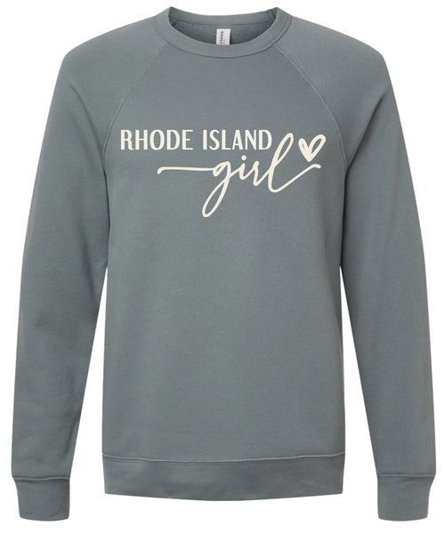 Storm sweatshirt with 'Rhode Island girl' printed in cream ink.