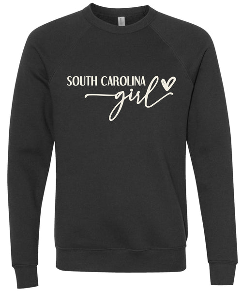 Black sweatshirt with 'South Carolina girl' printed in cream ink.