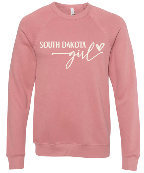 Dusty rose sweatshirt with 'South Dakota girl' printed in cream ink.