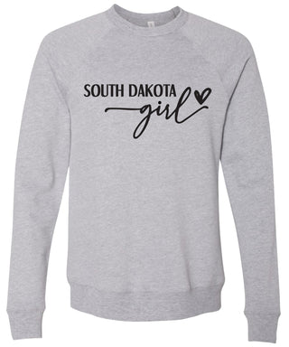 Heather gray sweatshirt with 'South Dakota girl' printed in black ink.