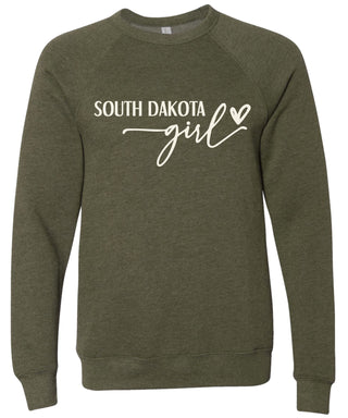 Heather olive sweatshirt with 'South Dakota girl' printed in cream ink.