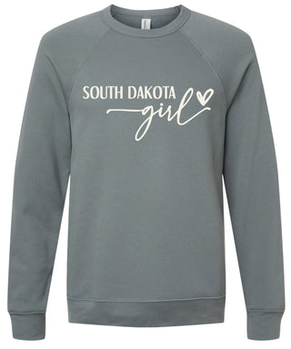 Storm sweatshirt with 'South Dakota girl' printed in cream ink.