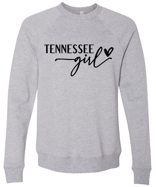 Heather gray sweatshirt with 'Tennessee girl' printed in black ink.