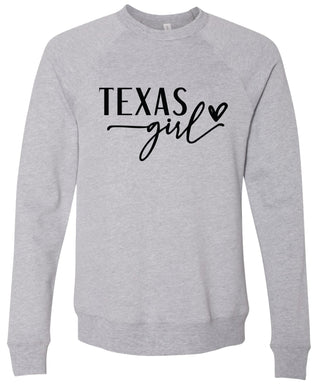 Heather gray sweatshirt with 'Texas girl' printed in black ink.
