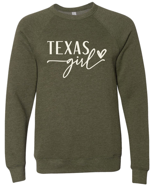 Heather olive sweatshirt with 'Texas girl' printed in cream ink.
