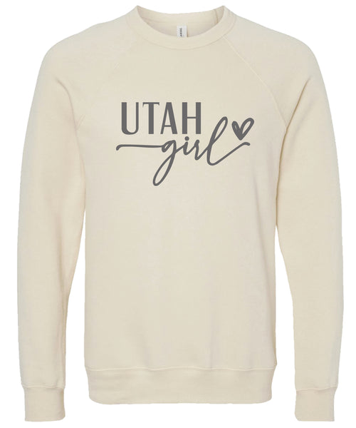 Cream sweatshirt with 'Utah Girl' printed in gray ink.