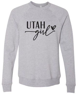 Heather gray sweatshirt with 'Utah Girl' printed in black ink.