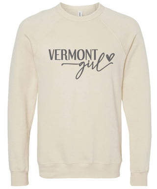 Cream sweatshirt with 'VERMONT girl' printed in gray ink.