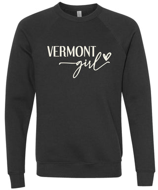 Black sweatshirt with 'VERMONT girl' printed in cream ink.