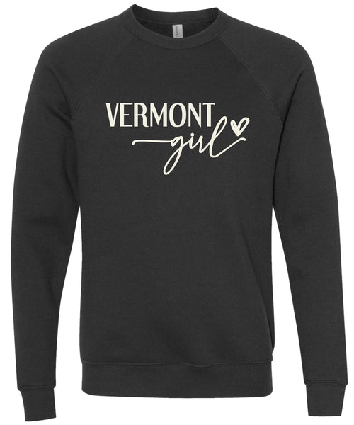 Black sweatshirt with 'VERMONT girl' printed in cream ink.