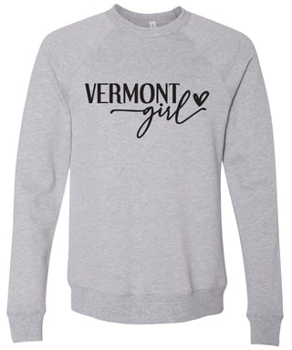 Heather gray sweatshirt with 'VERMONT girl' printed in black ink.