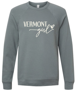 Storm sweatshirt with 'VERMONT girl' printed in cream ink.