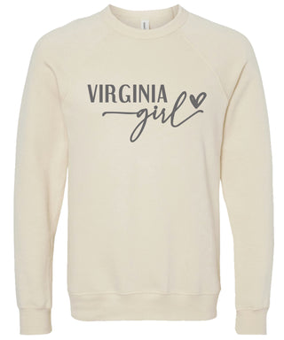 Cream sweatshirt with 'Virginia girl' printed in gray ink.