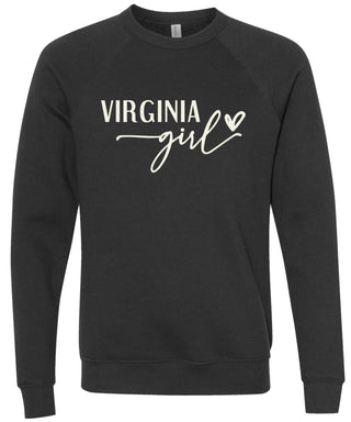 Black sweatshirt with 'Virginia girl' printed in cream ink.