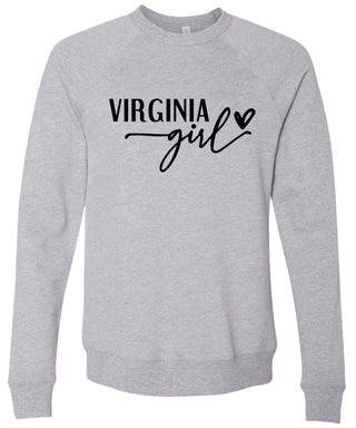 Heather gray sweatshirt with 'Virginia girl' printed in black ink.